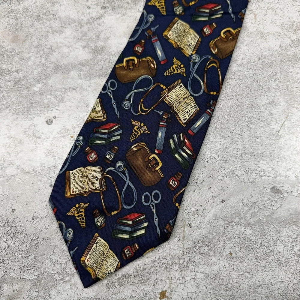 VTG Alynn Neckwear Silk Tie Mens One Size Blue Medical Doctor 100% Silk Made USA